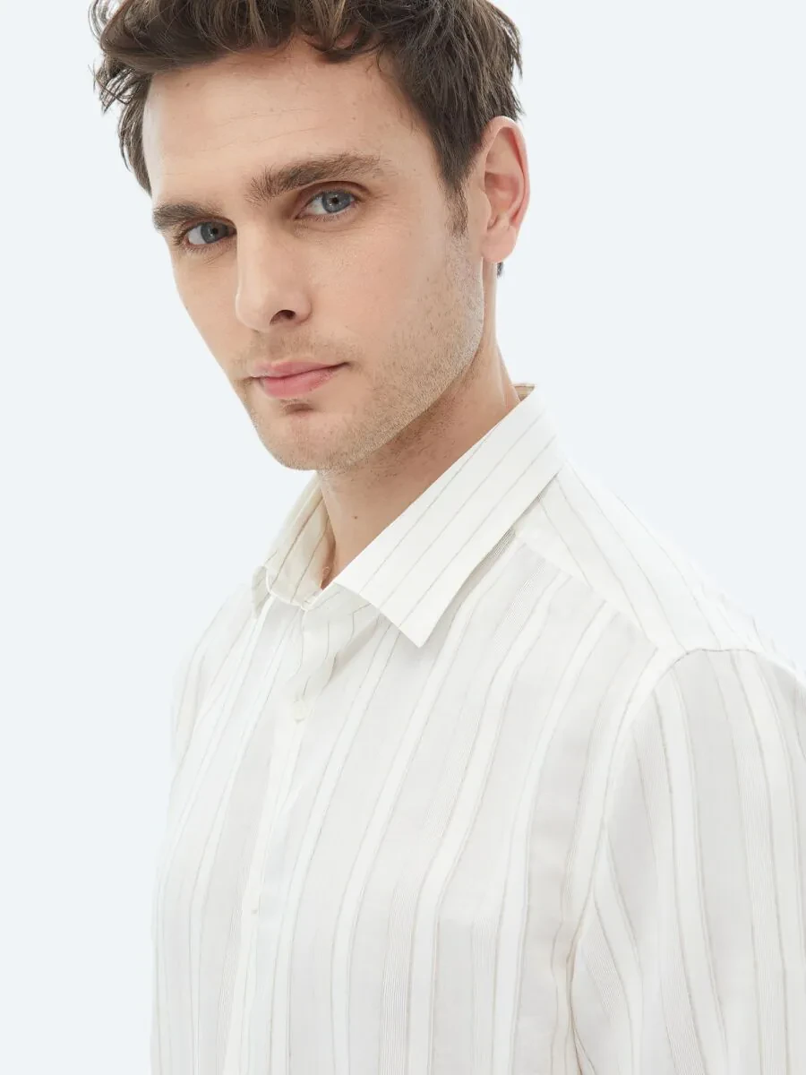 White Striped Regular Fit Weaving Classical Linen Blended Shirt - 4