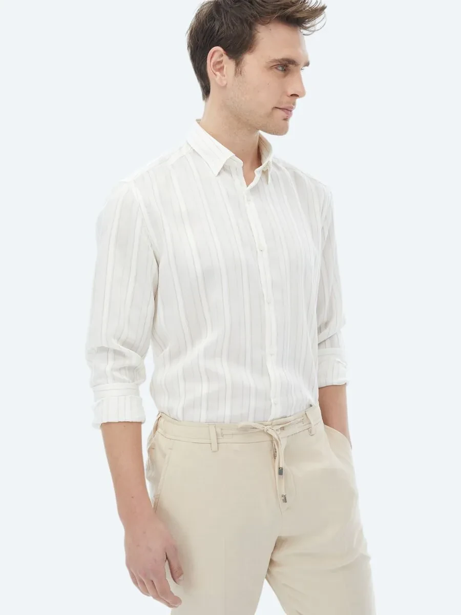 White Striped Regular Fit Weaving Classical Linen Blended Shirt - 5