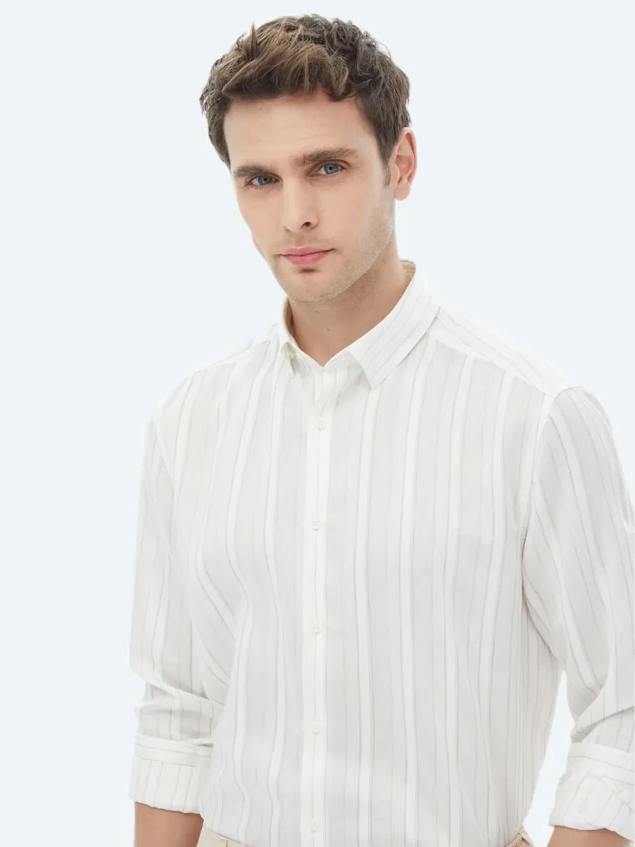 White Striped Regular Fit Weaving Classical Linen Blended Shirt - 6