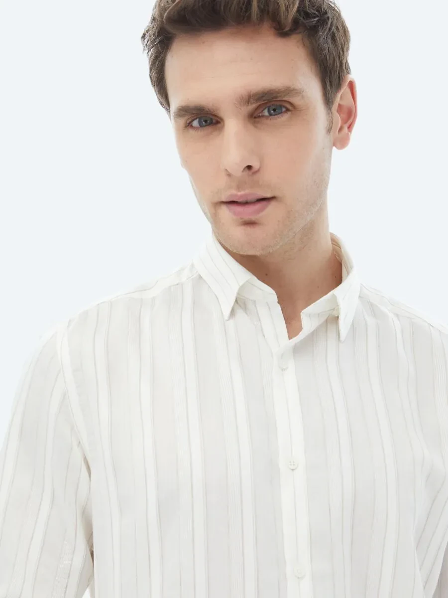 White Striped Regular Fit Weaving Classical Linen Blended Shirt - 7
