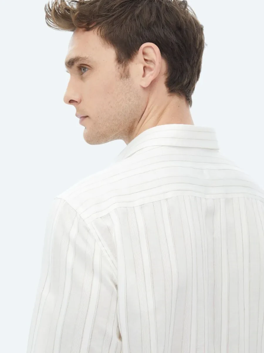 White Striped Regular Fit Weaving Classical Linen Blended Shirt - 8