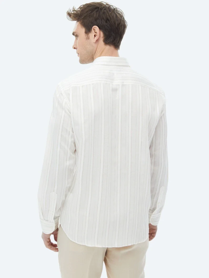 White Striped Regular Fit Weaving Classical Linen Blended Shirt - 9