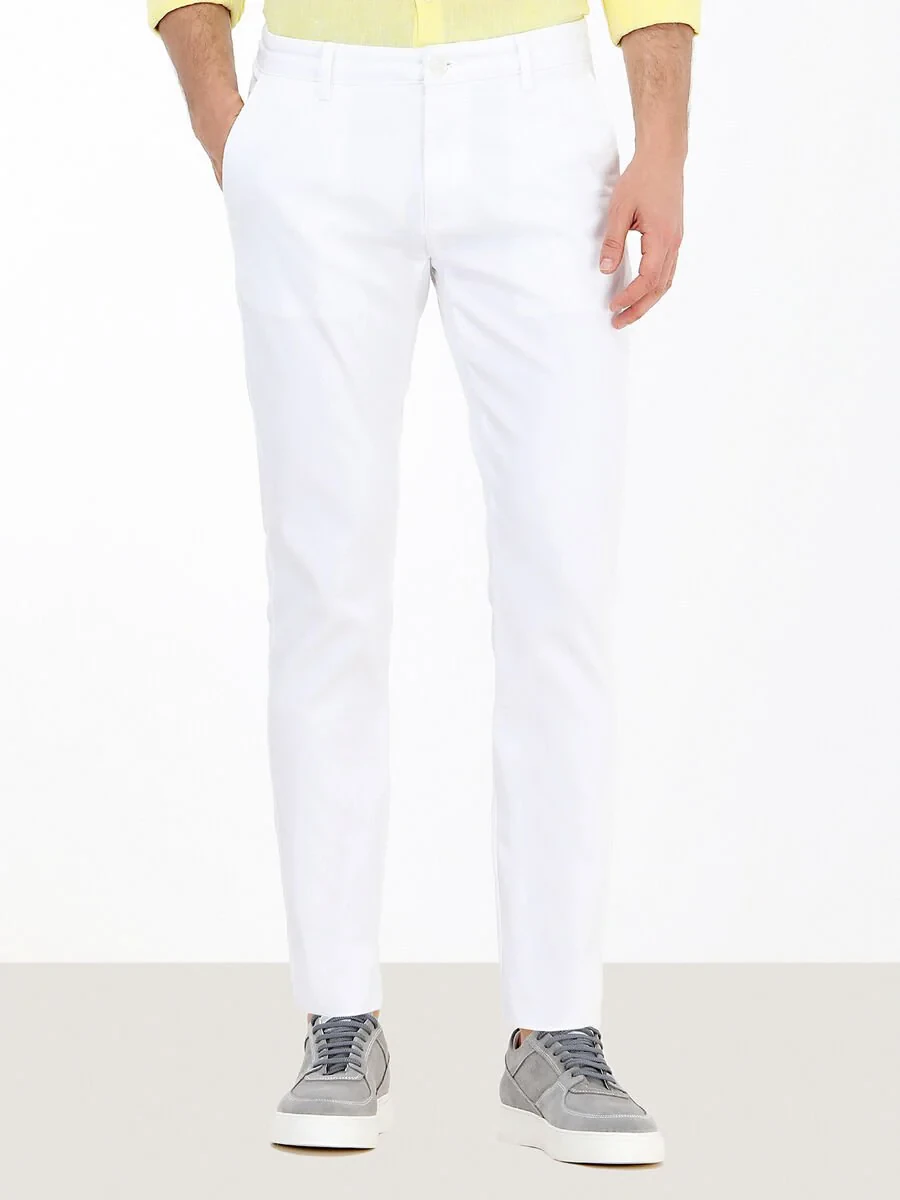 White Weaving Slim Fit Casual Cotton Blended Trousers - 1