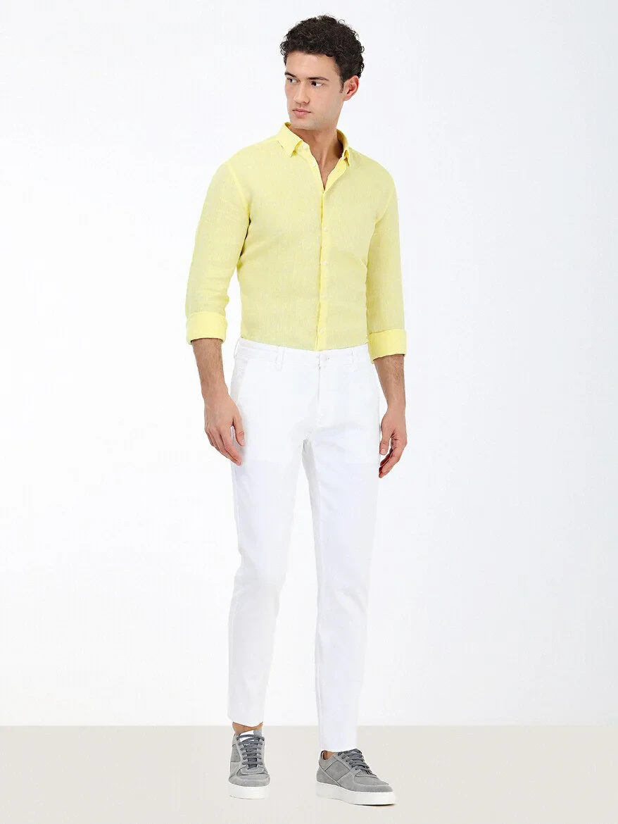 White Weaving Slim Fit Casual Cotton Blended Trousers - 2