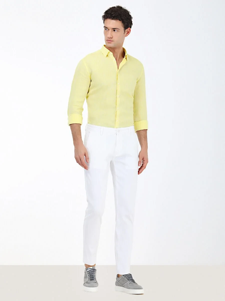 White Weaving Slim Fit Casual Cotton Blended Trousers - 2