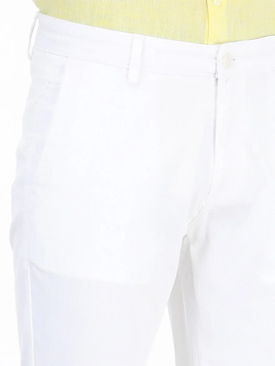 White Weaving Slim Fit Casual Cotton Blended Trousers - 3