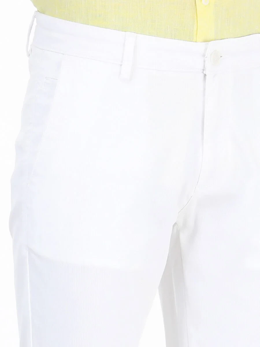 White Weaving Slim Fit Casual Cotton Blended Trousers - 3
