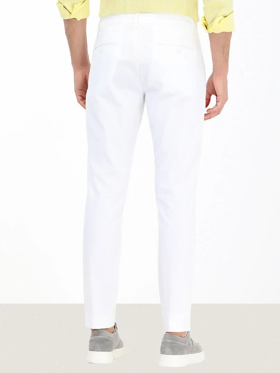 White Weaving Slim Fit Casual Cotton Blended Trousers - 4