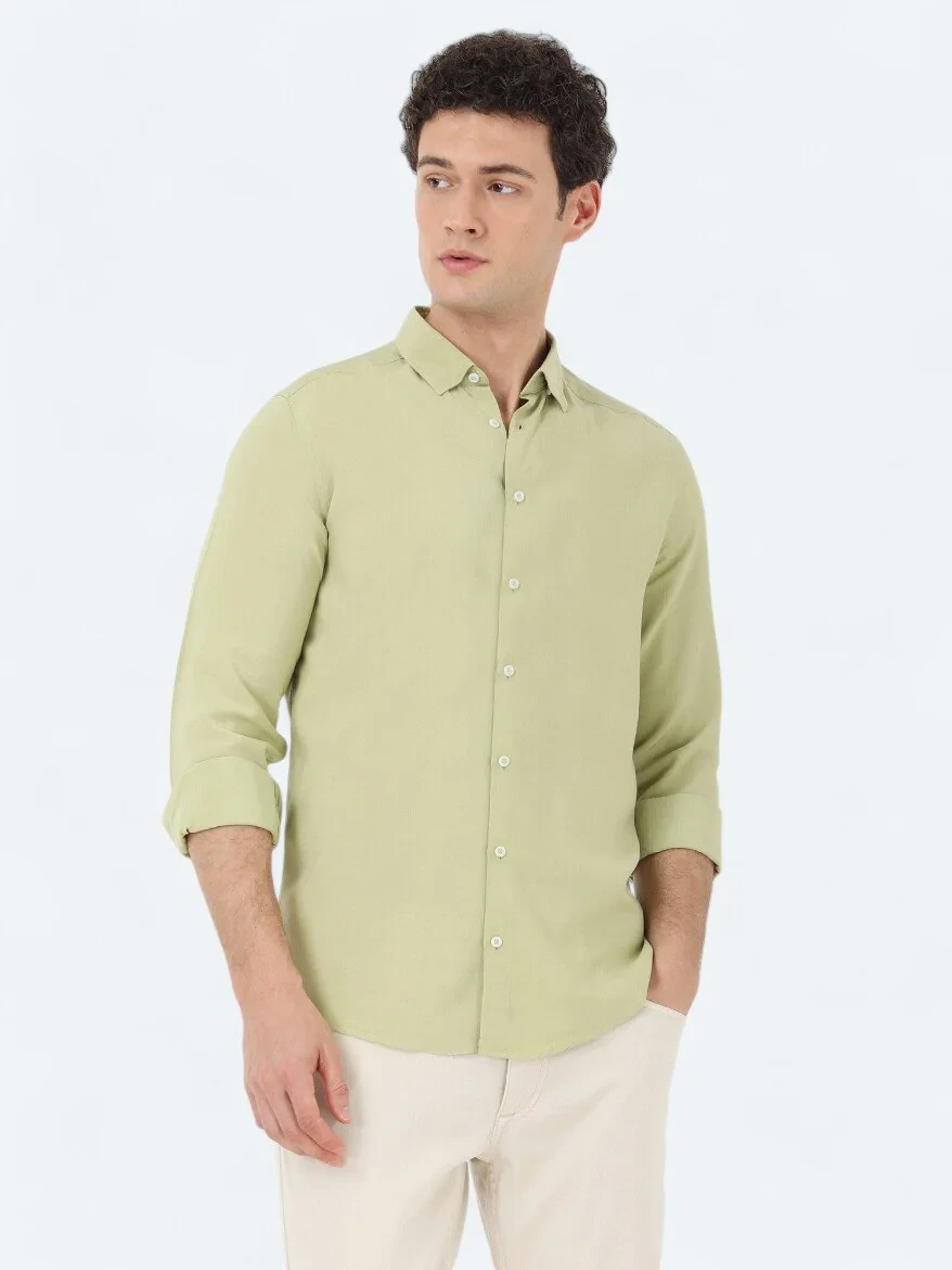 Yağ Yeşili Çizgili Regular Fit Dokuma Casual Gömlek - 1