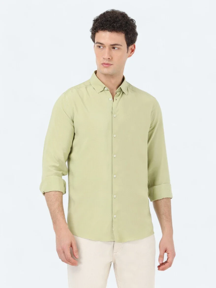 Yağ Yeşili Çizgili Regular Fit Dokuma Casual Gömlek - 3