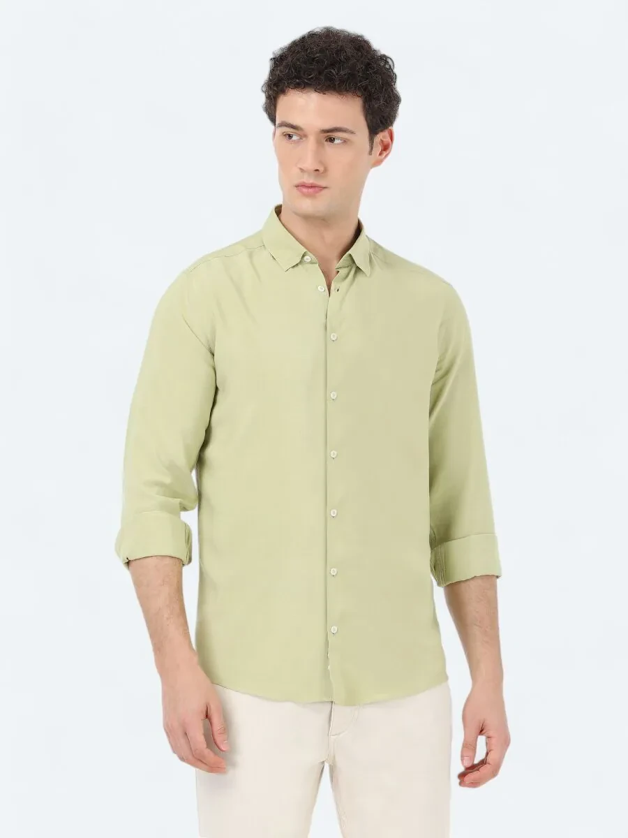 Yağ Yeşili Çizgili Regular Fit Dokuma Casual Gömlek - 3