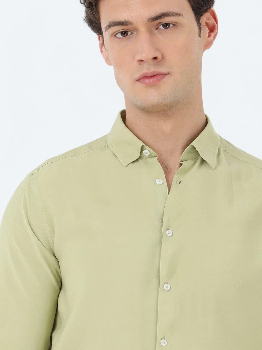 Yağ Yeşili Çizgili Regular Fit Dokuma Casual Gömlek - 4