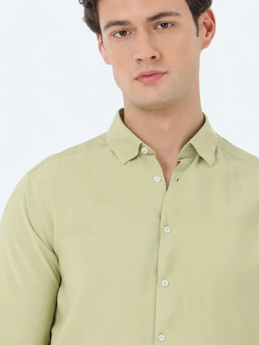 Yağ Yeşili Çizgili Regular Fit Dokuma Casual Gömlek - 4