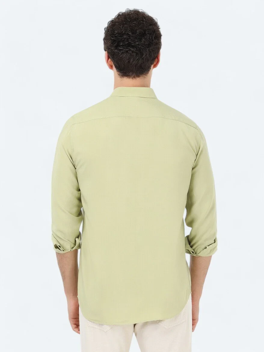 Yağ Yeşili Çizgili Regular Fit Dokuma Casual Gömlek - 5