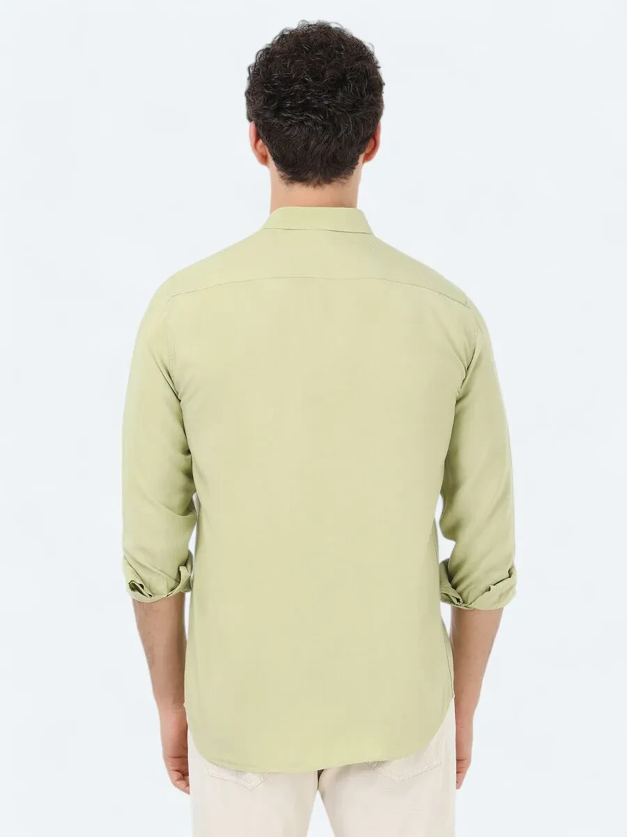 Yağ Yeşili Çizgili Regular Fit Dokuma Casual Gömlek - 5