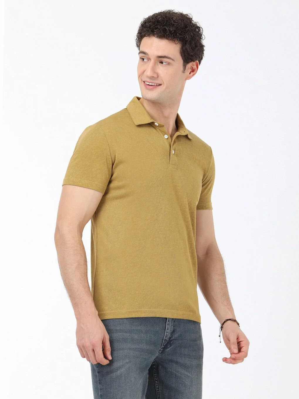 Yağ Yeşili Düz Polo Yaka Pamuk Karışımlı T-Shirt - 1