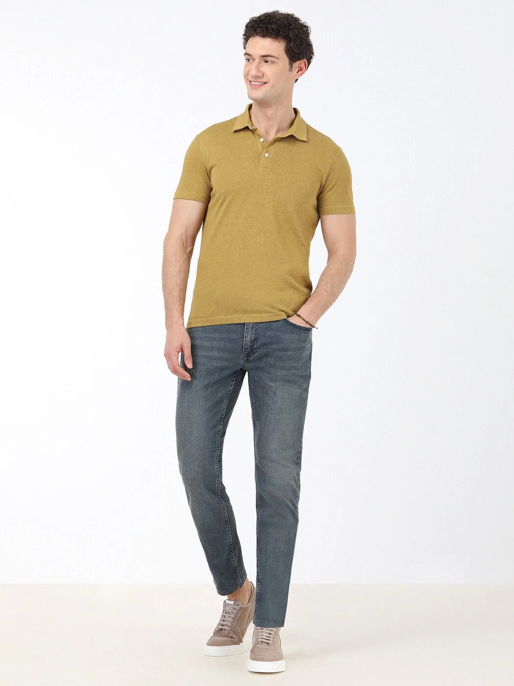 Yağ Yeşili Düz Polo Yaka Pamuk Karışımlı T-Shirt - 2