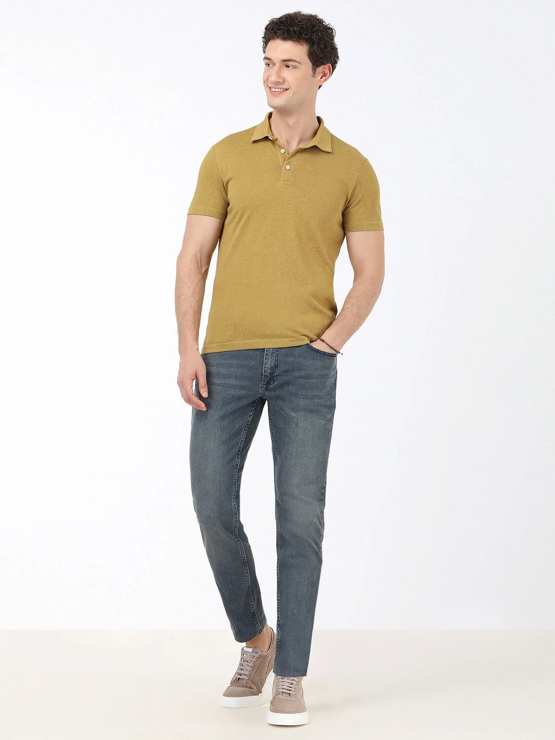 Yağ Yeşili Düz Polo Yaka Pamuk Karışımlı T-Shirt - 2
