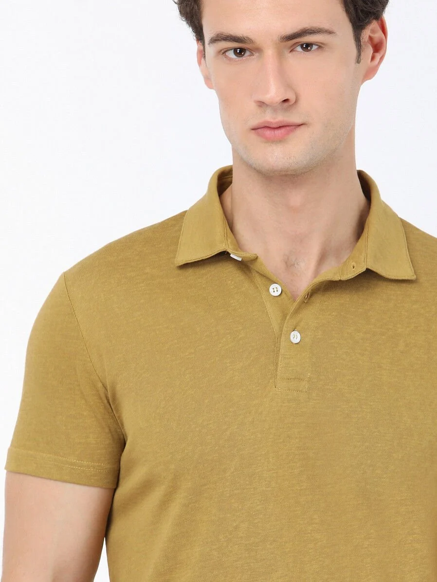 Yağ Yeşili Düz Polo Yaka Pamuk Karışımlı T-Shirt - 3