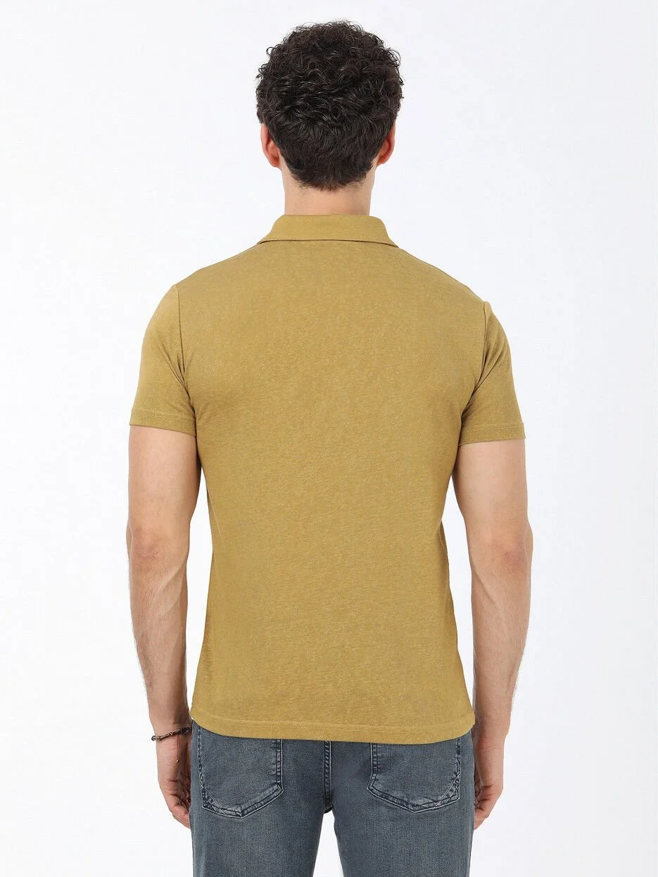 Yağ Yeşili Düz Polo Yaka Pamuk Karışımlı T-Shirt - 4