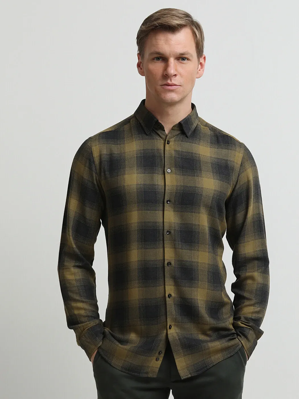 Yağ Yeşili Düz Regular Fit Dokuma Casual Gömlek - 3