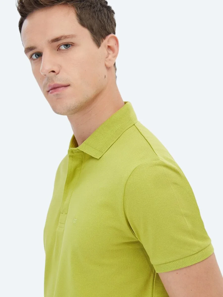 Yağ Yeşili Polo Yaka %100 Pamuk T-Shirt - 4