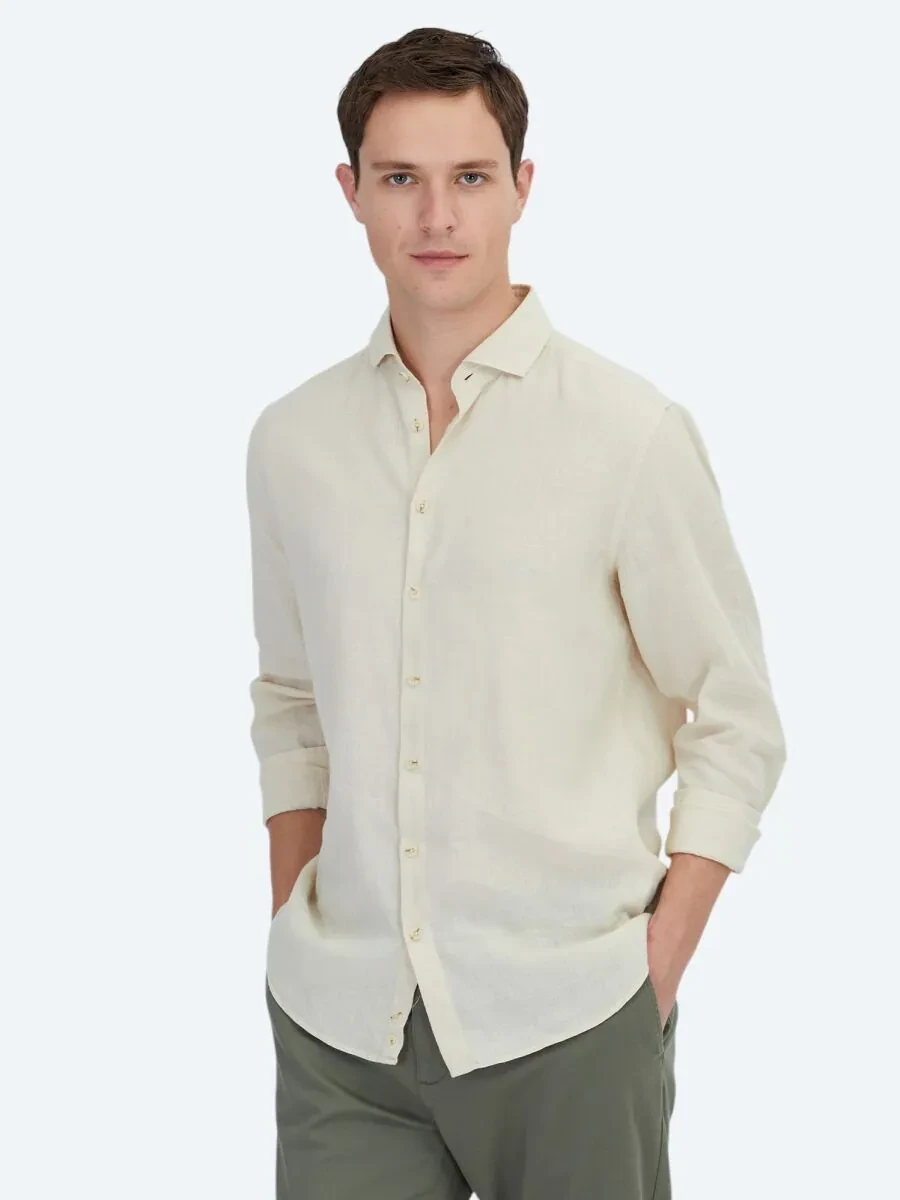 Yellow Plain Weaving Casual Cotton Blended Shirt - 1