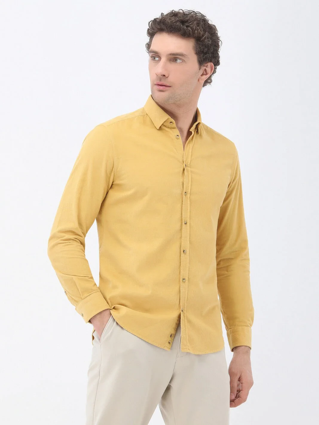 Yellow Ribbed Regular Fit Weaving Casual 100% Cotton Shirt - 1