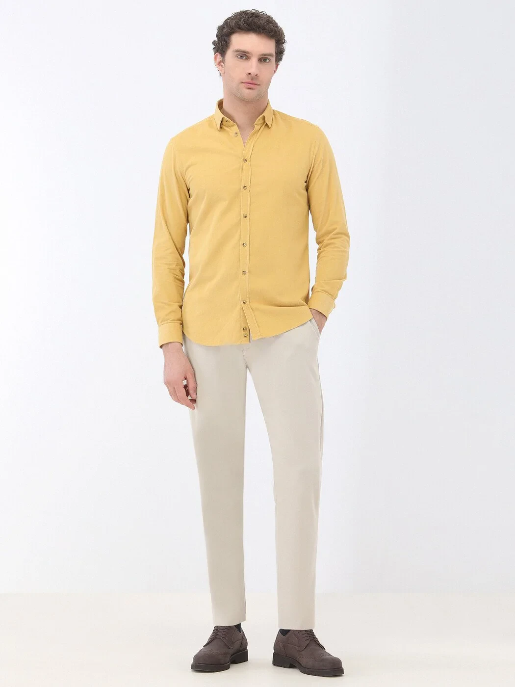 Yellow Ribbed Regular Fit Weaving Casual 100% Cotton Shirt - 2