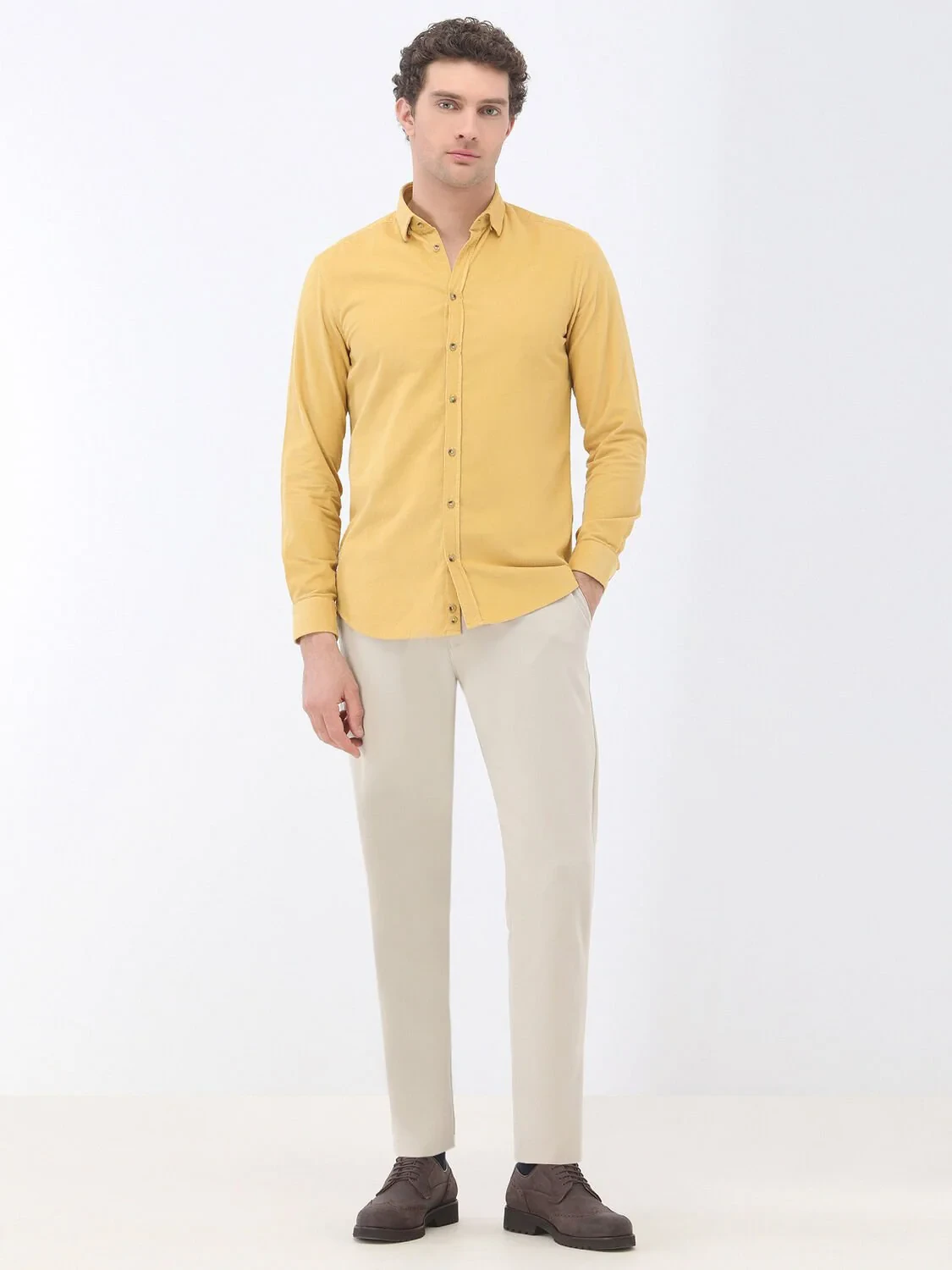 Yellow Ribbed Regular Fit Weaving Casual 100% Cotton Shirt - 2