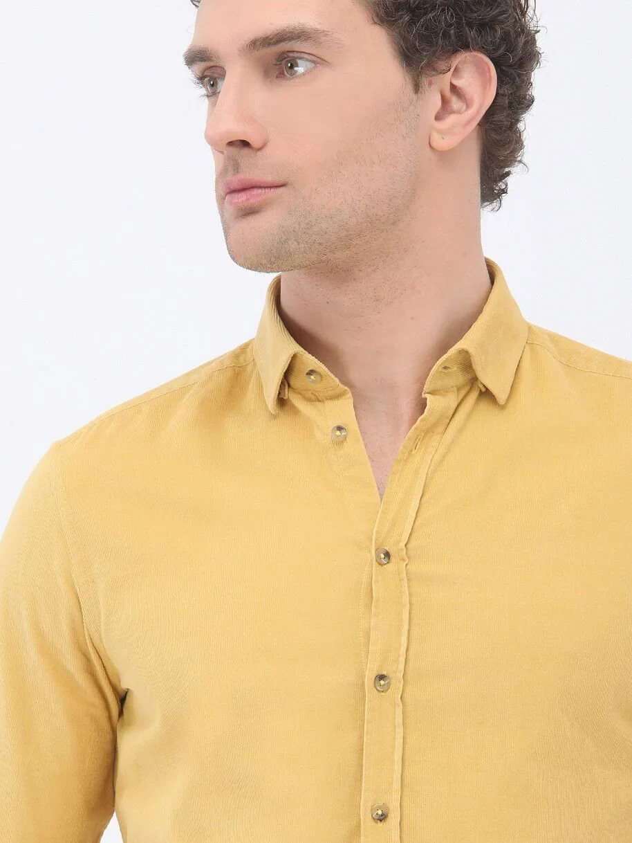 Yellow Ribbed Regular Fit Weaving Casual 100% Cotton Shirt - 4