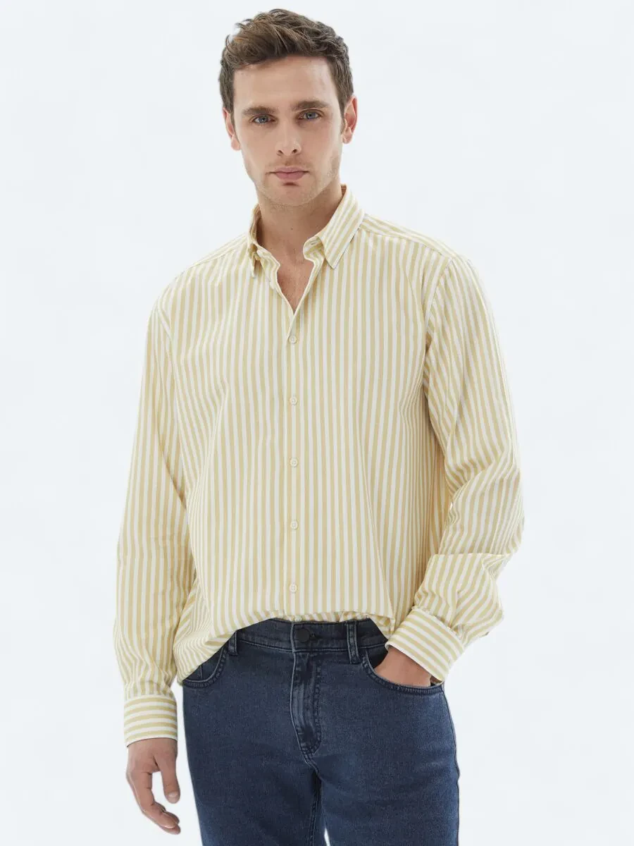 Yellow Striped Regular Fit Weaving Casual 100% Cotton Shirt - 1