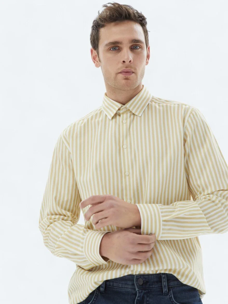 Yellow Striped Regular Fit Weaving Casual 100% Cotton Shirt - 3