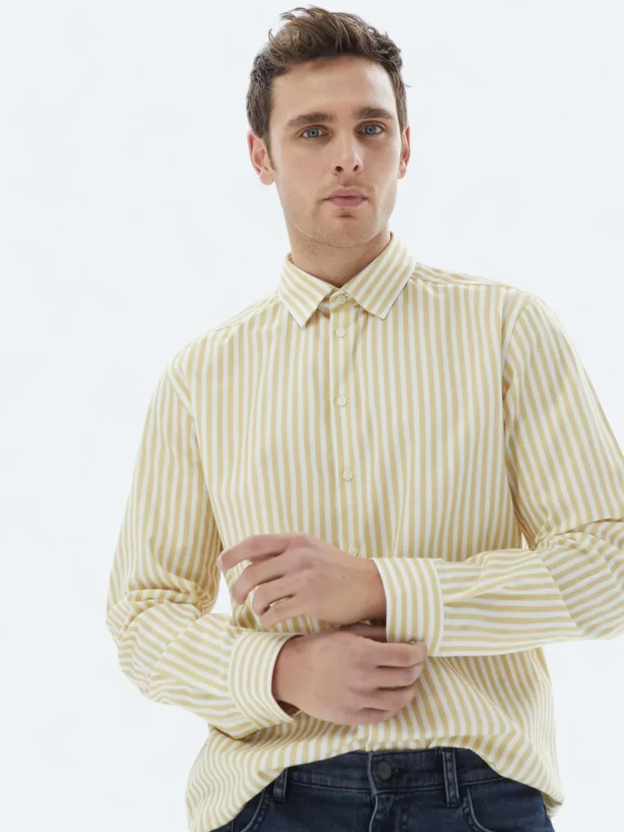Yellow Striped Regular Fit Weaving Casual 100% Cotton Shirt - 3