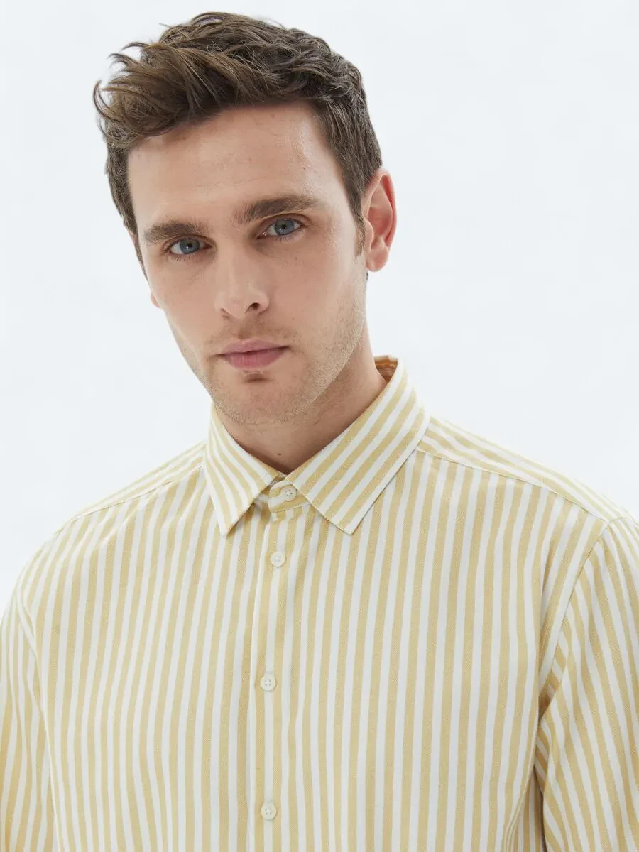 Yellow Striped Regular Fit Weaving Casual 100% Cotton Shirt - 4