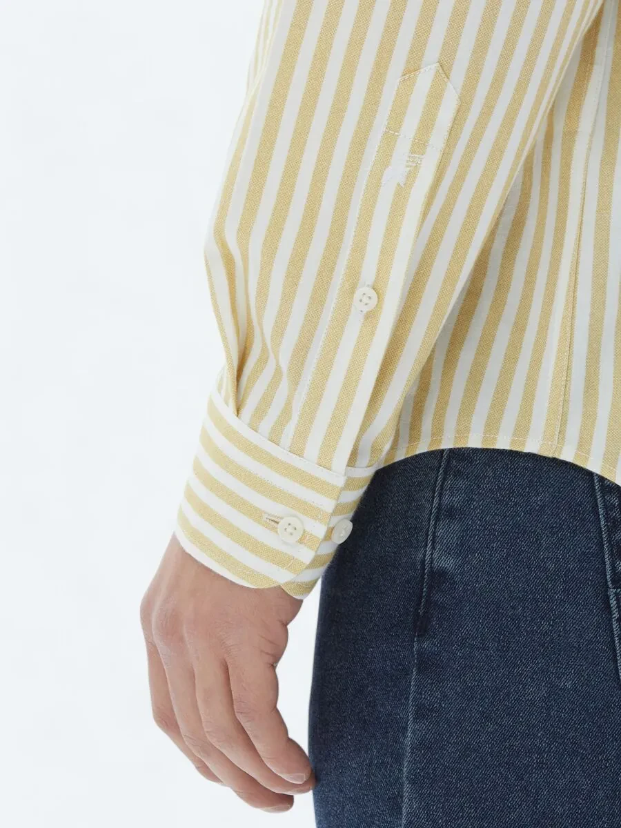 Yellow Striped Regular Fit Weaving Casual 100% Cotton Shirt - 5