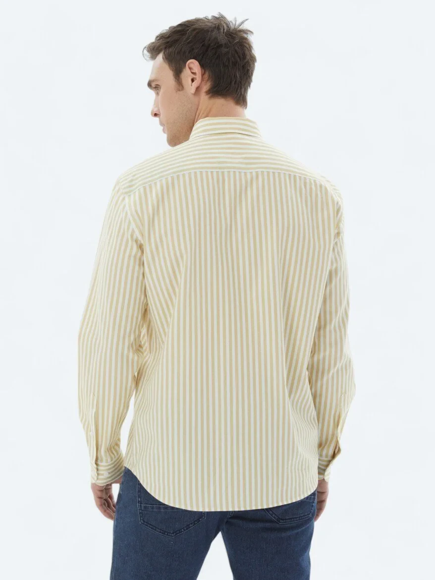 Yellow Striped Regular Fit Weaving Casual 100% Cotton Shirt - 6