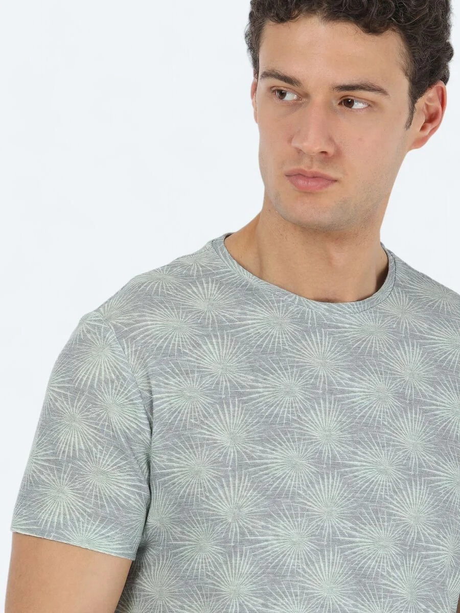 Yeşil Baskılı Bisiklet Yaka Pamuk Karışımlı T-Shirt - 1