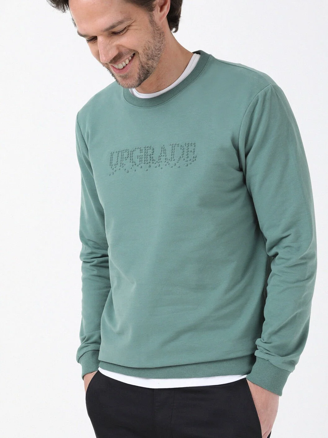 Yeşil Bisiklet Yaka Baskılı Sweatshırt - 1