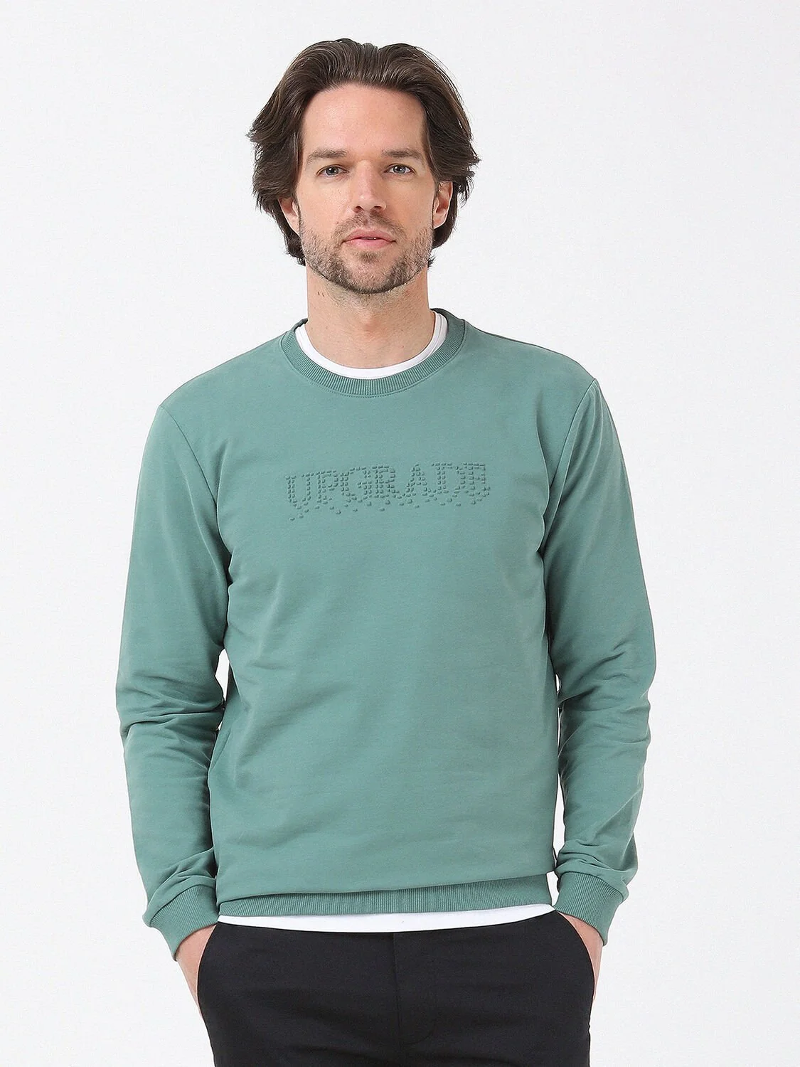 Yeşil Bisiklet Yaka Baskılı Sweatshırt - 2