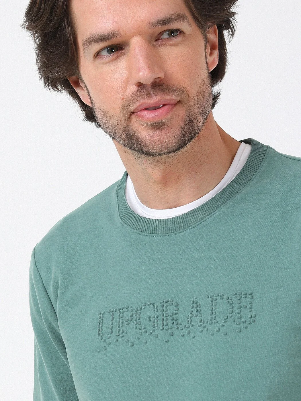 Yeşil Bisiklet Yaka Baskılı Sweatshırt - 3