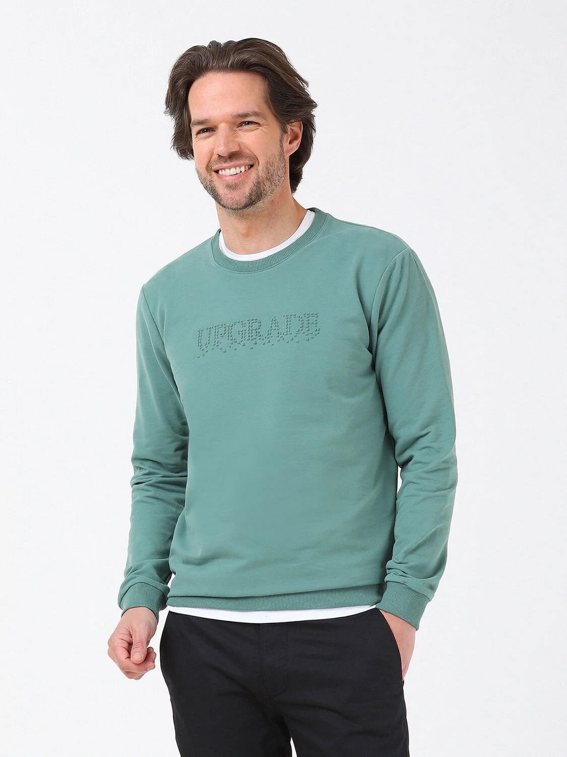 Yeşil Bisiklet Yaka Baskılı Sweatshırt - 4