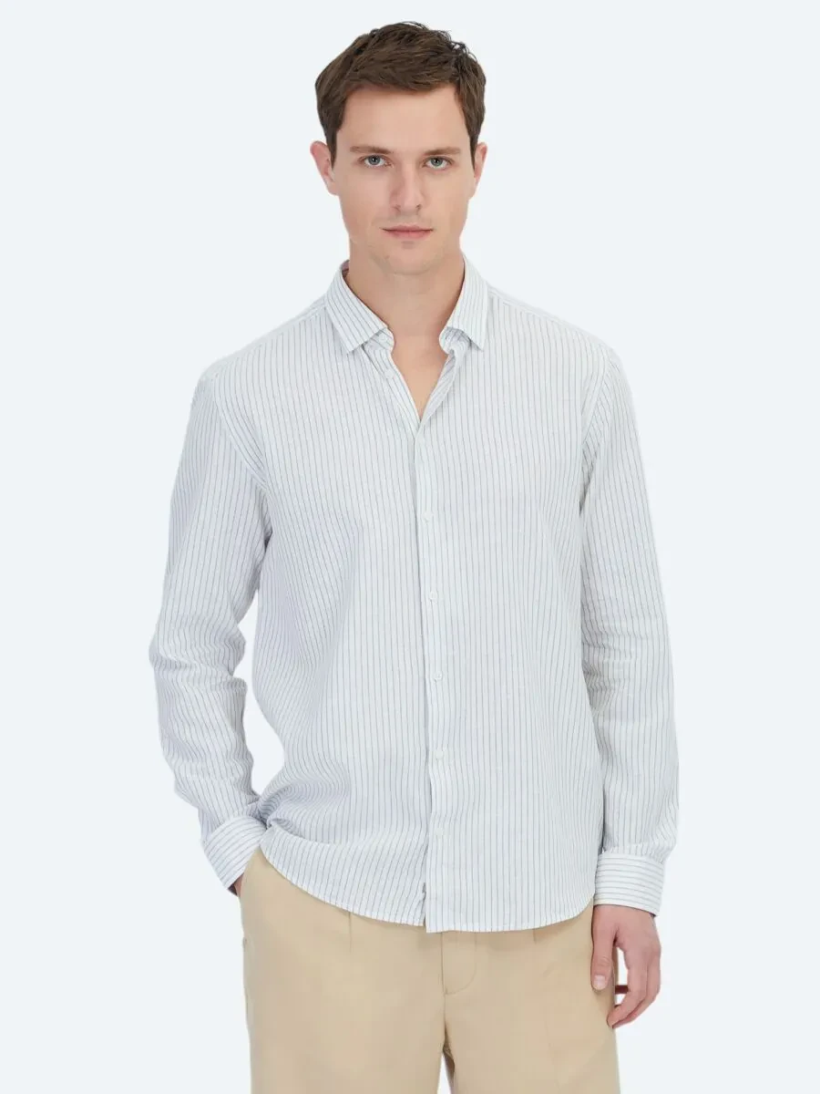 Yeşil Çizgili Regular Fit Dokuma Casual Pamuk Karışımlı Gömlek - 1