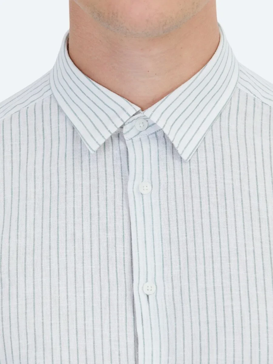 Yeşil Çizgili Regular Fit Dokuma Casual Pamuk Karışımlı Gömlek - 4