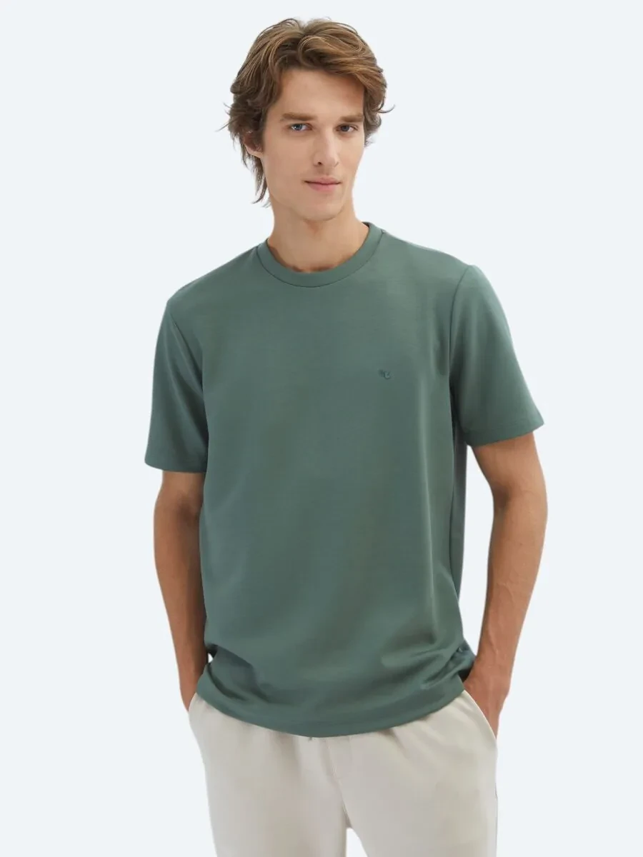 Yeşil Düz Bisiklet Yaka T-Shirt - 1