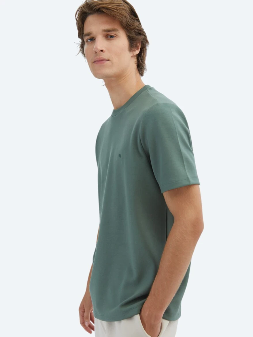 Yeşil Düz Bisiklet Yaka T-Shirt - 4