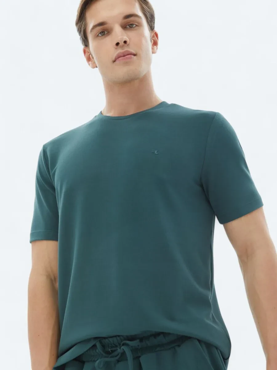 Yeşil Düz Bisiklet Yaka T-Shirt - 1