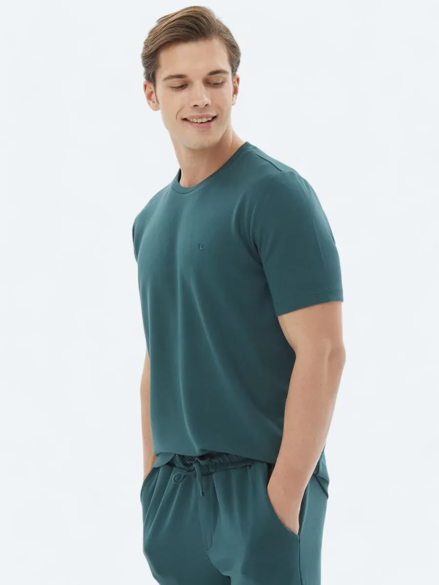 Yeşil Düz Bisiklet Yaka T-Shirt - 2