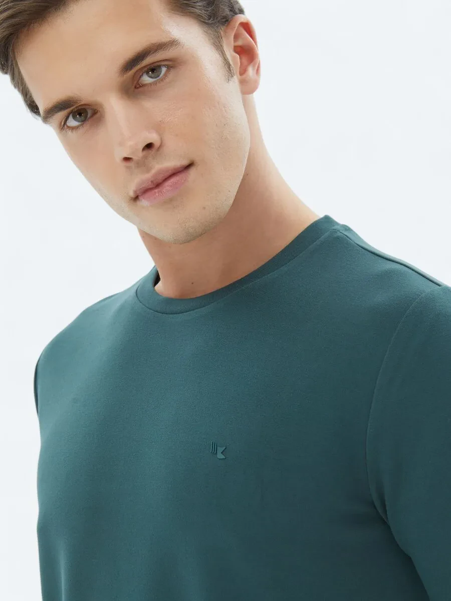 Yeşil Düz Bisiklet Yaka T-Shirt - 4