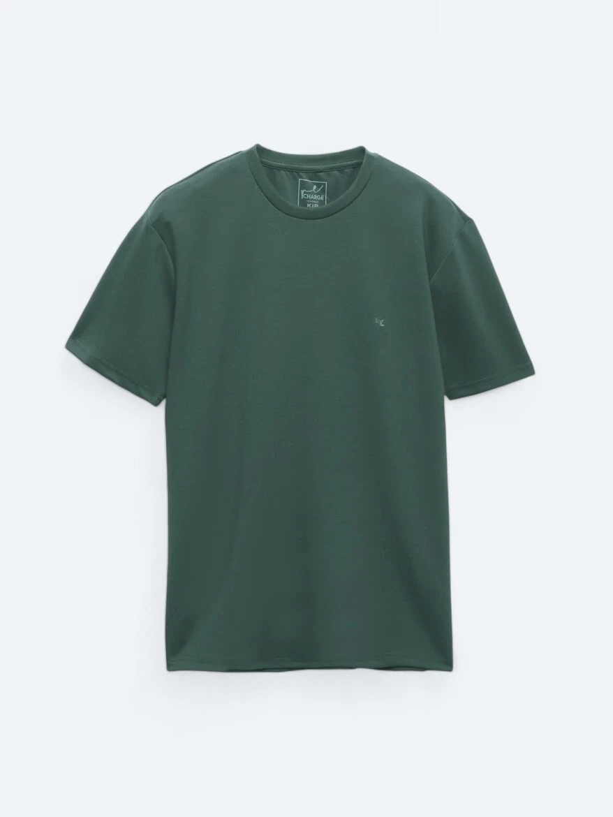 Yeşil Düz Bisiklet Yaka T-Shirt - 6